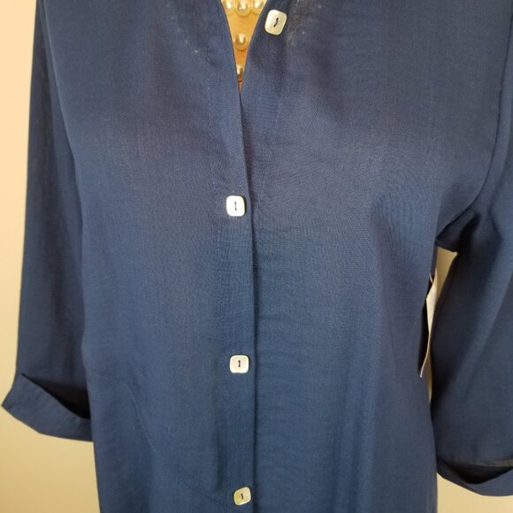 Fridaze Rich Navy Blue 100% Linen Blouse w/ Asymmetrical Hem New w/Tags * Small - Picture 3 of 7